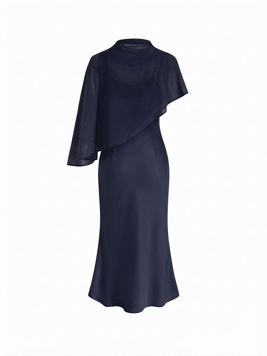 Satin High Neck Cape Sleeve Maxi Dress