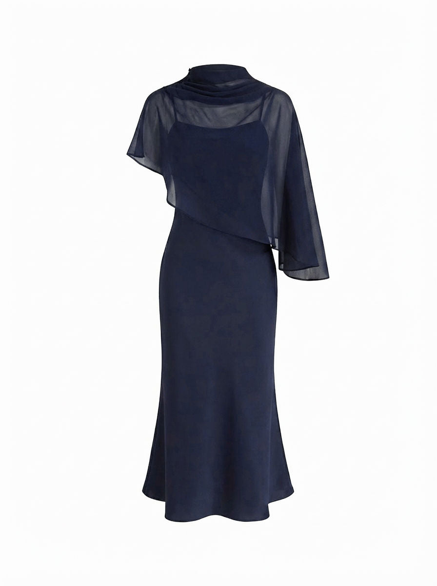 Satin High Neck Cape Sleeve Maxi Dress