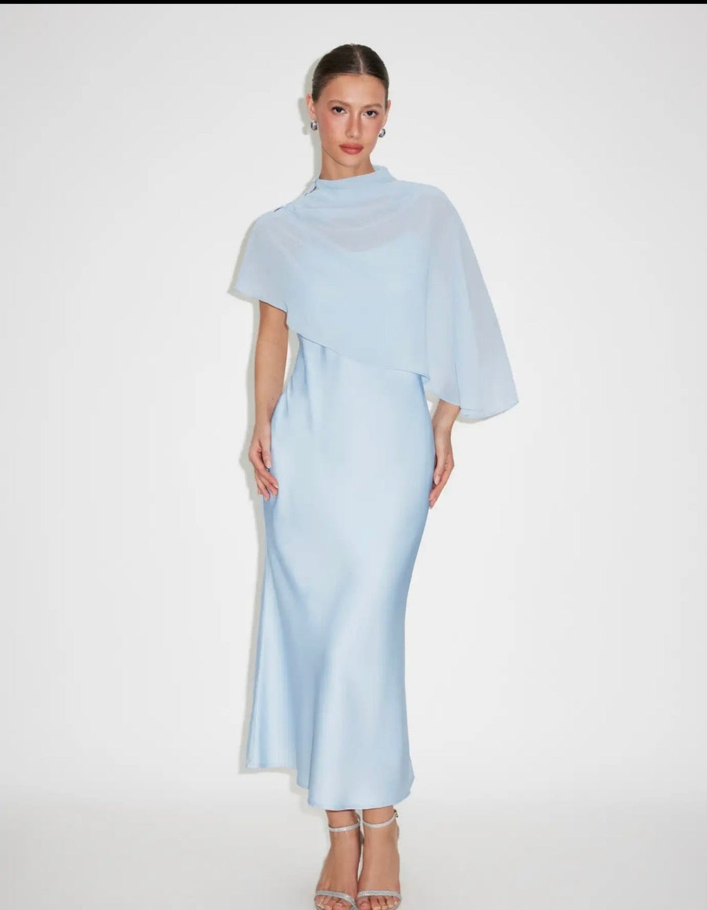 Satin High Neck Cape Sleeve Maxi Dress