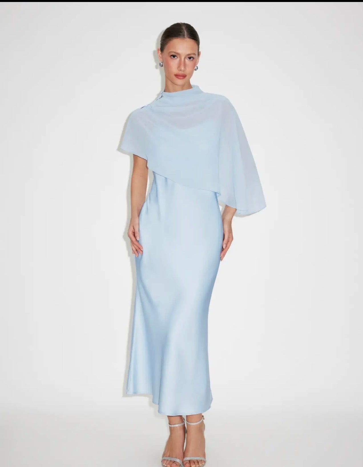 Satin High Neck Cape Sleeve Maxi Dress