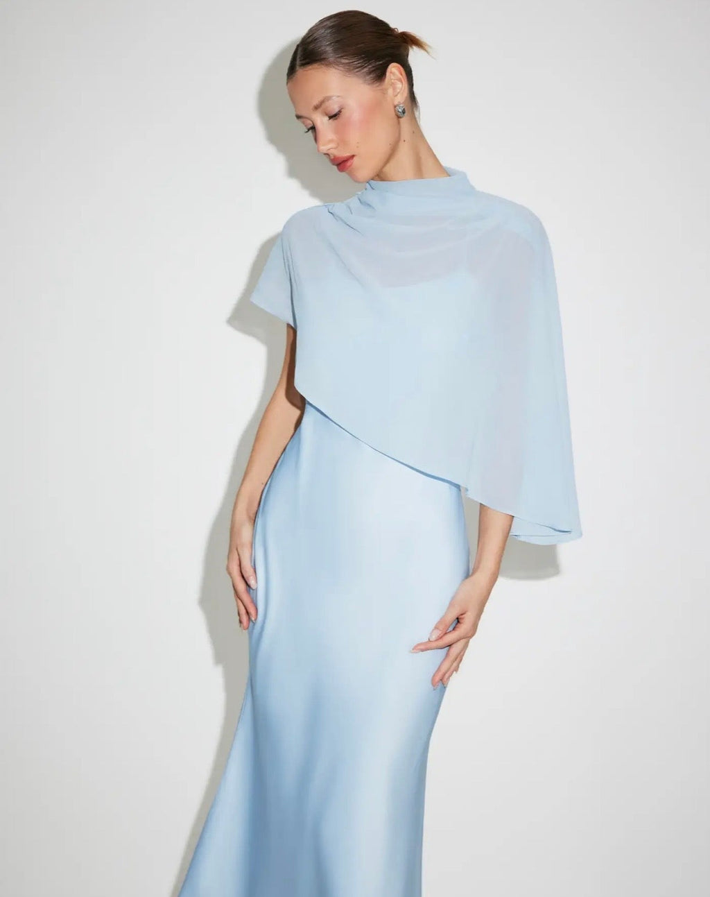 Satin High Neck Cape Sleeve Maxi Dress