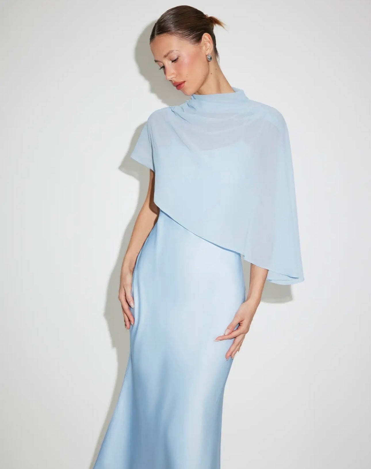 Satin High Neck Cape Sleeve Maxi Dress
