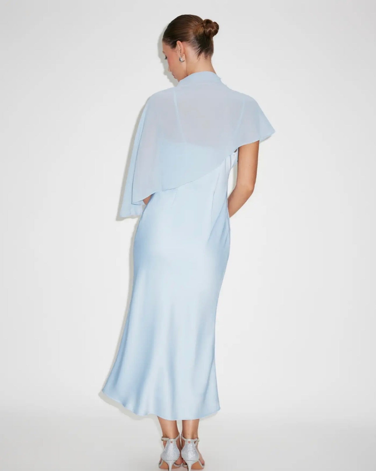 Satin High Neck Cape Sleeve Maxi Dress