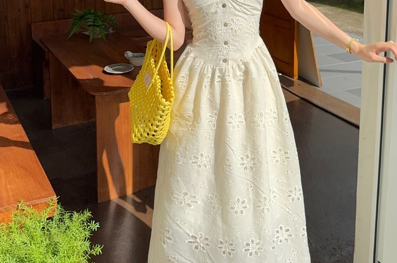 Perforated V-Neck Short-Sleeve A-Line Maxi Dress
