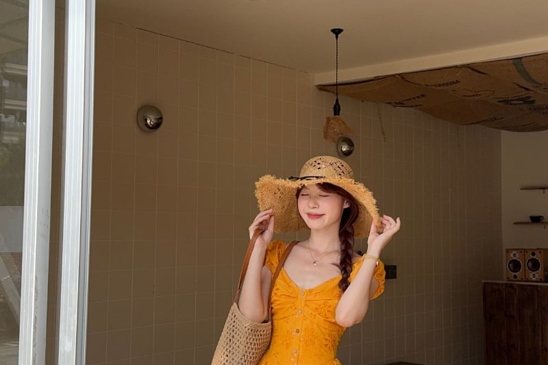 Perforated V-Neck Short-Sleeve A-Line Maxi Dress