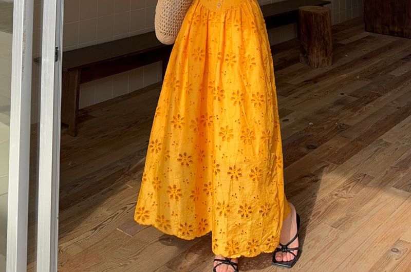 Perforated V-Neck Short-Sleeve A-Line Maxi Dress
