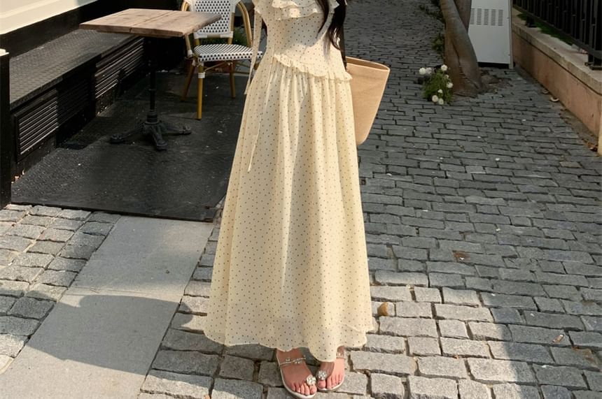 Off-Shoulder Short-Sleeve Dotted Ruffle A-Line Maxi Dress