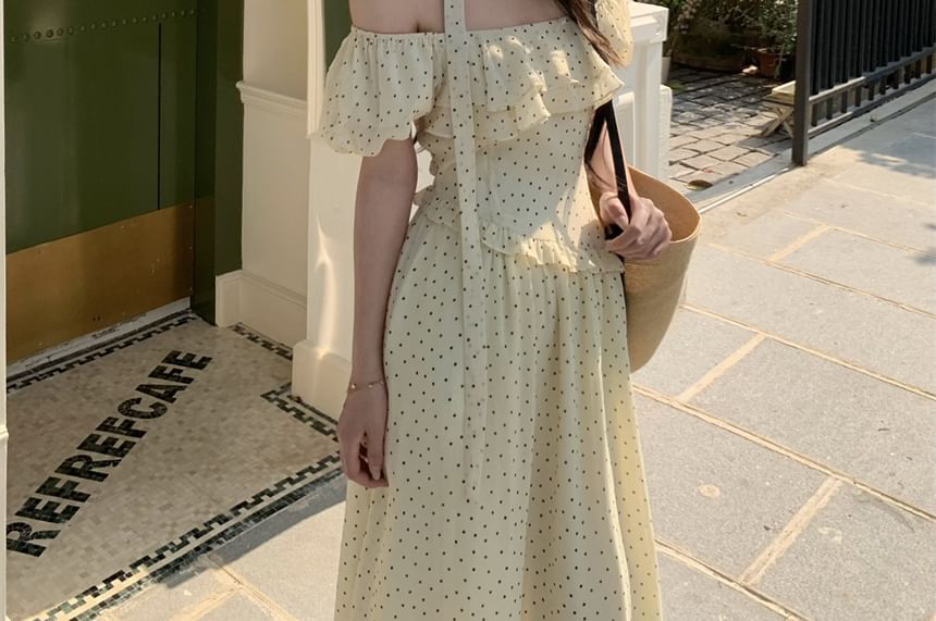 Off-Shoulder Short-Sleeve Dotted Ruffle A-Line Maxi Dress