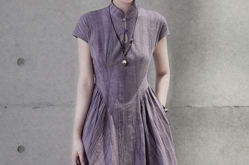 Band Collar Short-Sleeve A-Line Maxi Dress