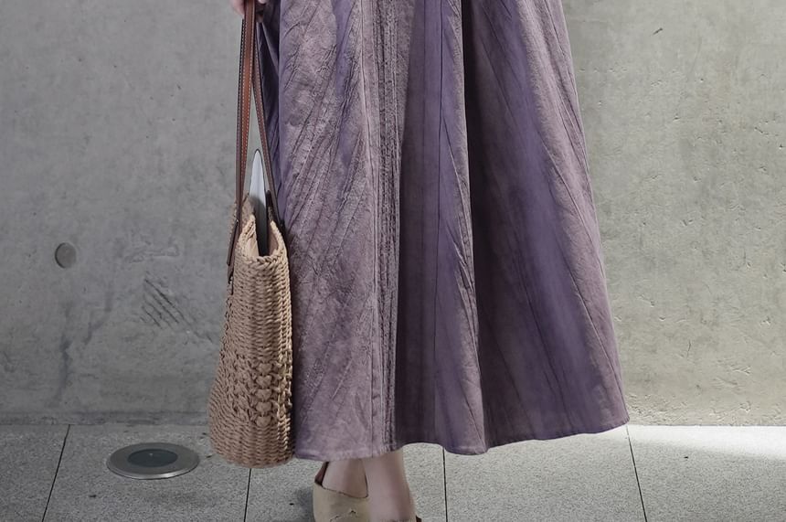 Band Collar Short-Sleeve A-Line Maxi Dress