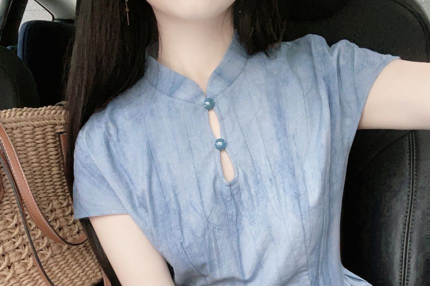 Band Collar Short-Sleeve A-Line Maxi Dress