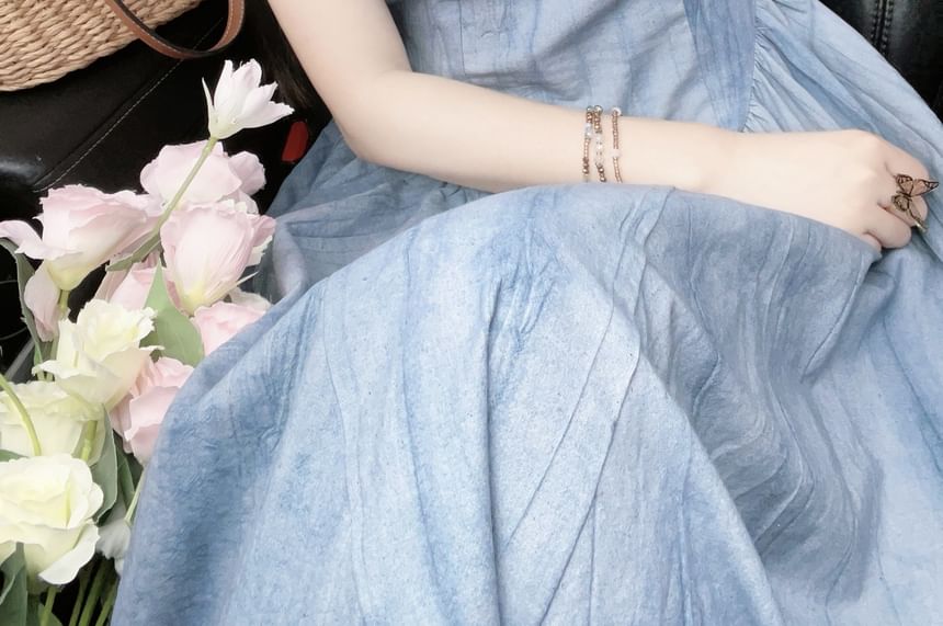 Band Collar Short-Sleeve A-Line Maxi Dress