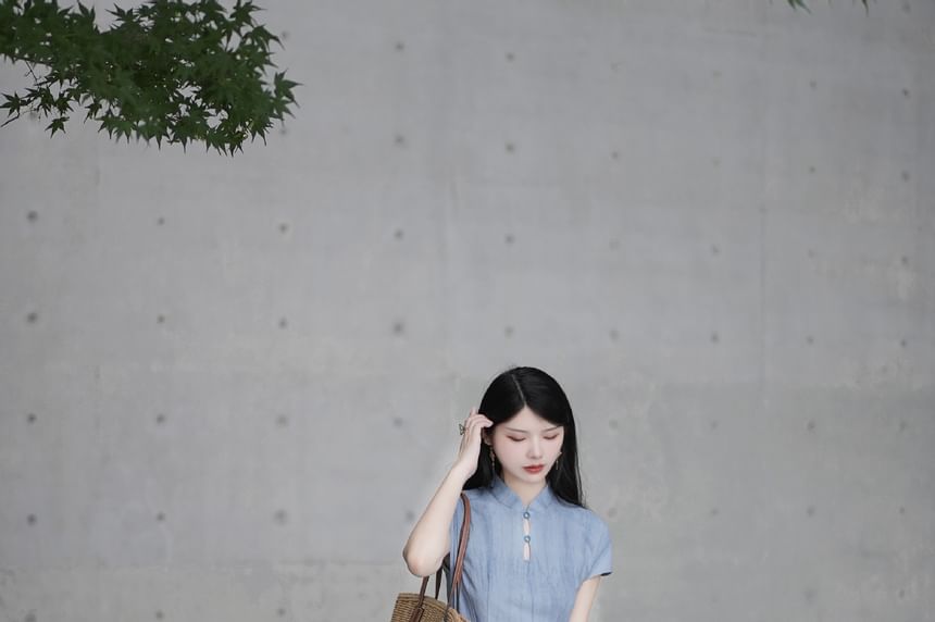 Band Collar Short-Sleeve A-Line Maxi Dress