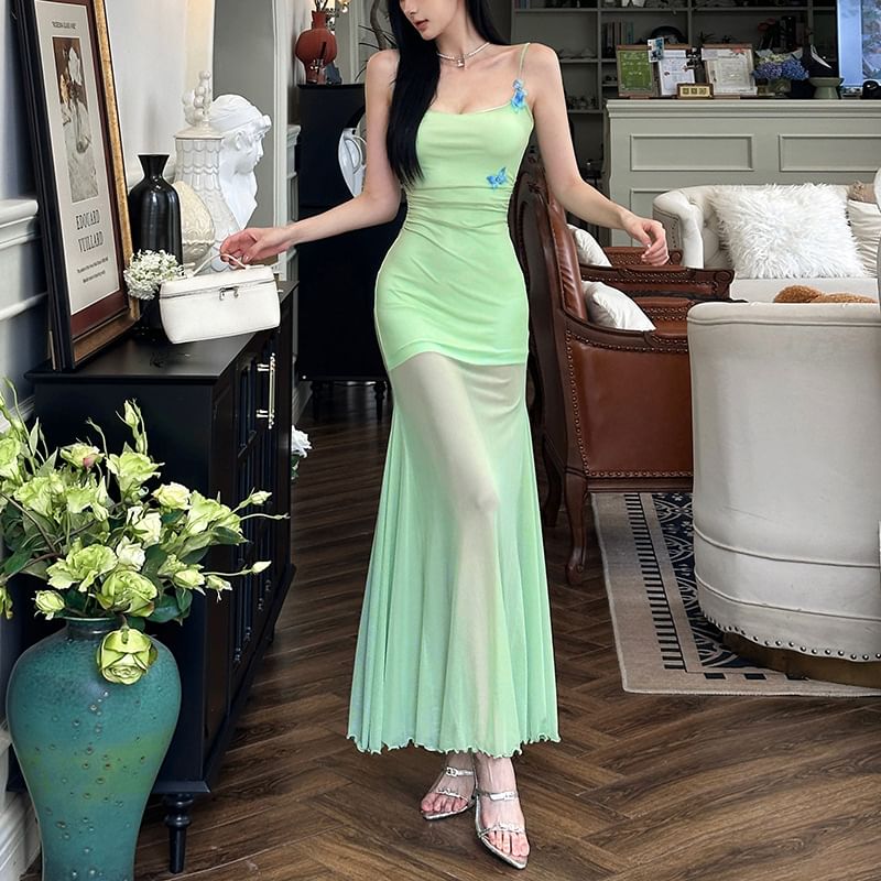 Sheer Spaghetti Strap Bodycon Maxi Dress
