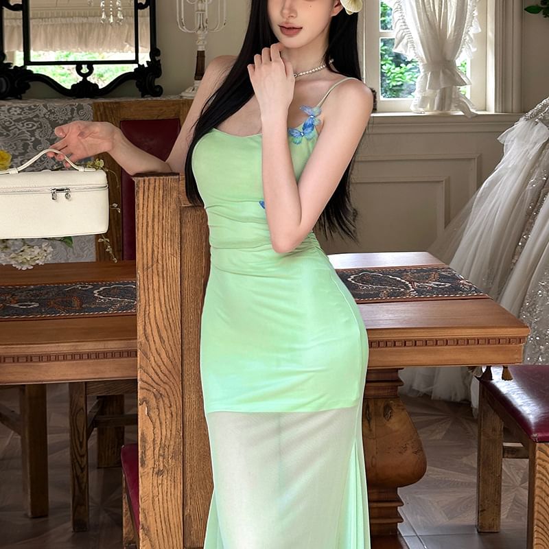 Sheer Spaghetti Strap Bodycon Maxi Dress