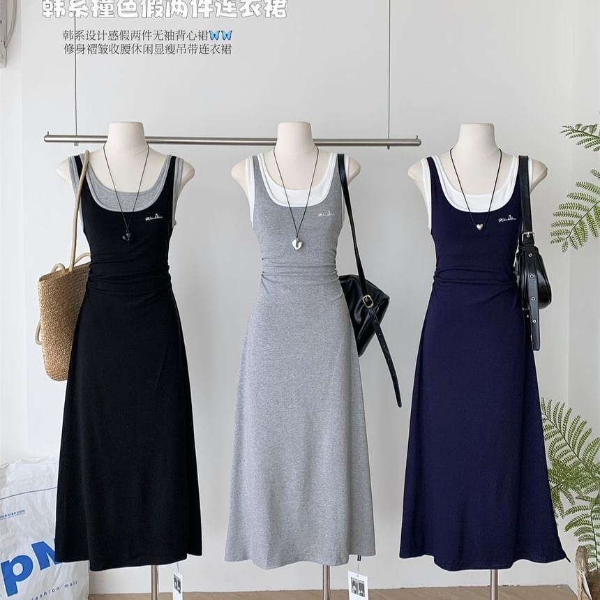 Two-Tone Sleeveless Mock Two-Piece A-Line Maxi Dress