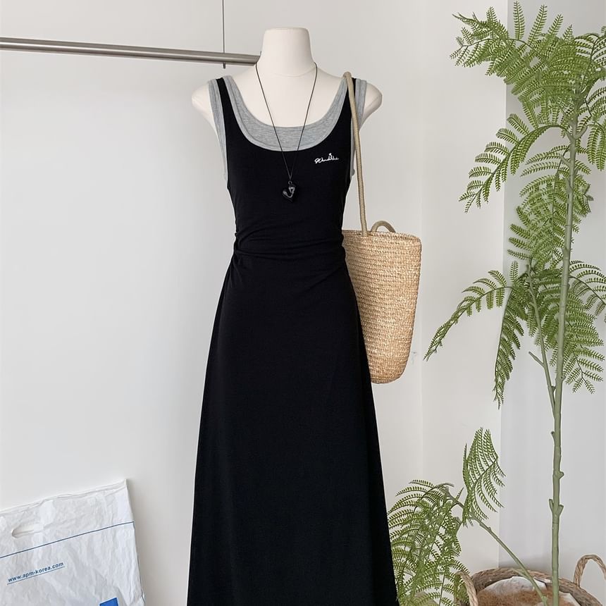 Two-Tone Sleeveless Mock Two-Piece A-Line Maxi Dress