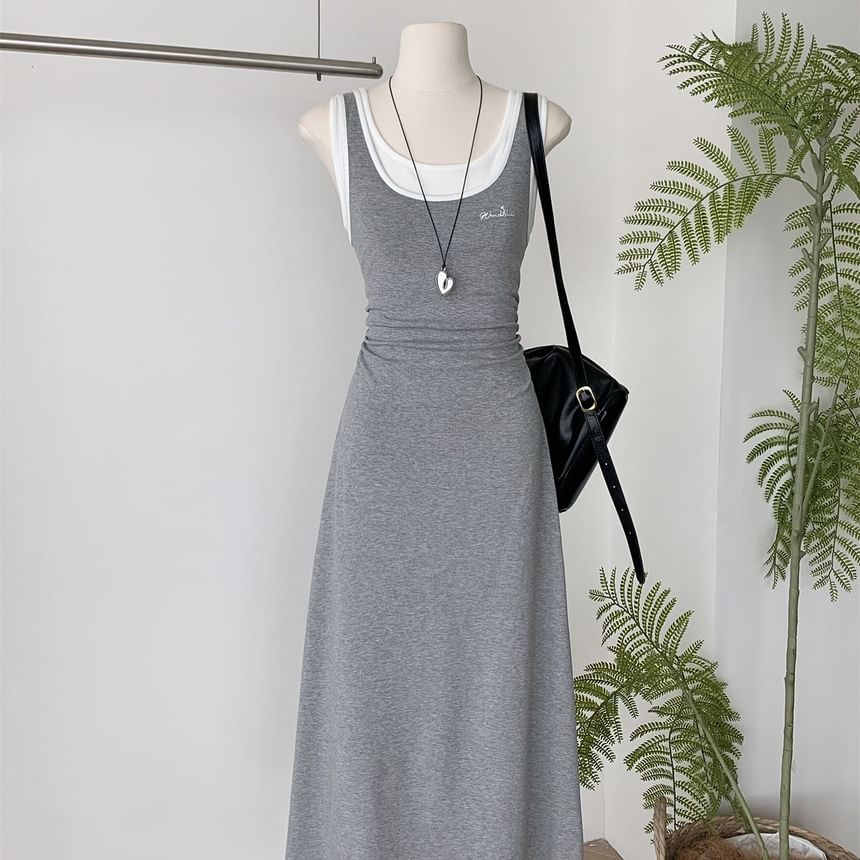 Two-Tone Sleeveless Mock Two-Piece A-Line Maxi Dress