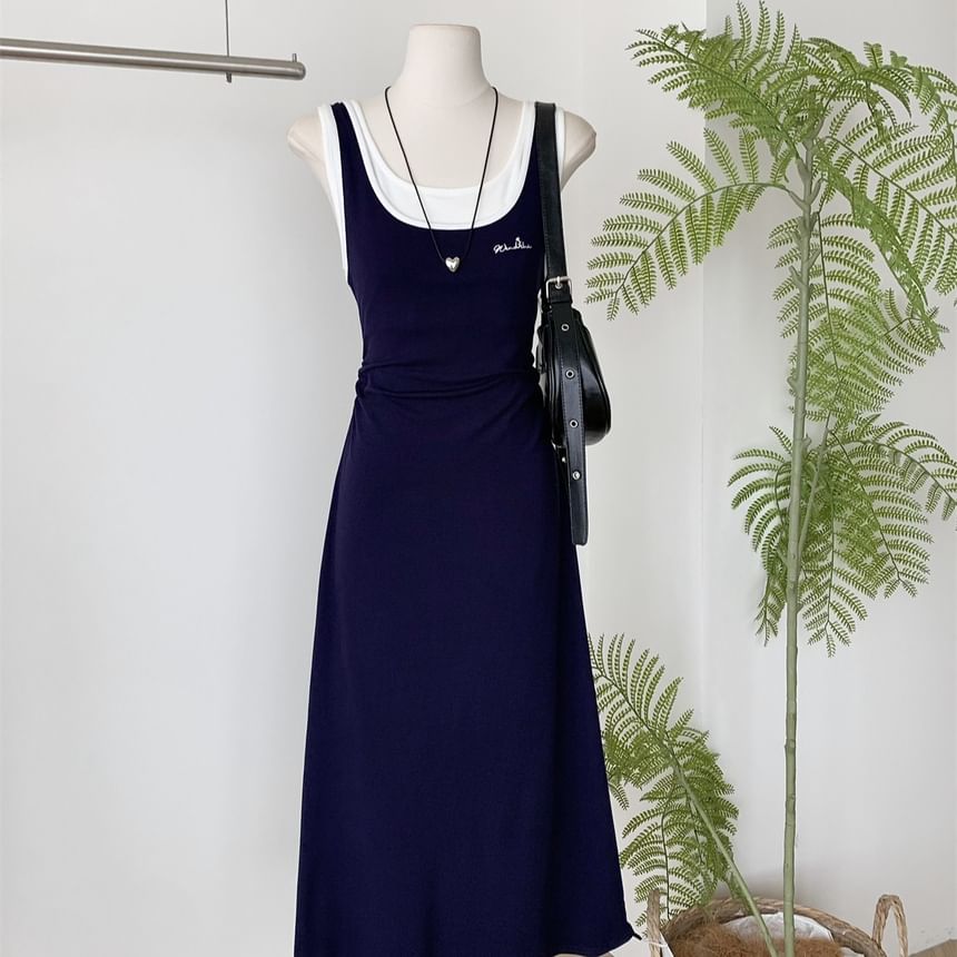 Two-Tone Sleeveless Mock Two-Piece A-Line Maxi Dress