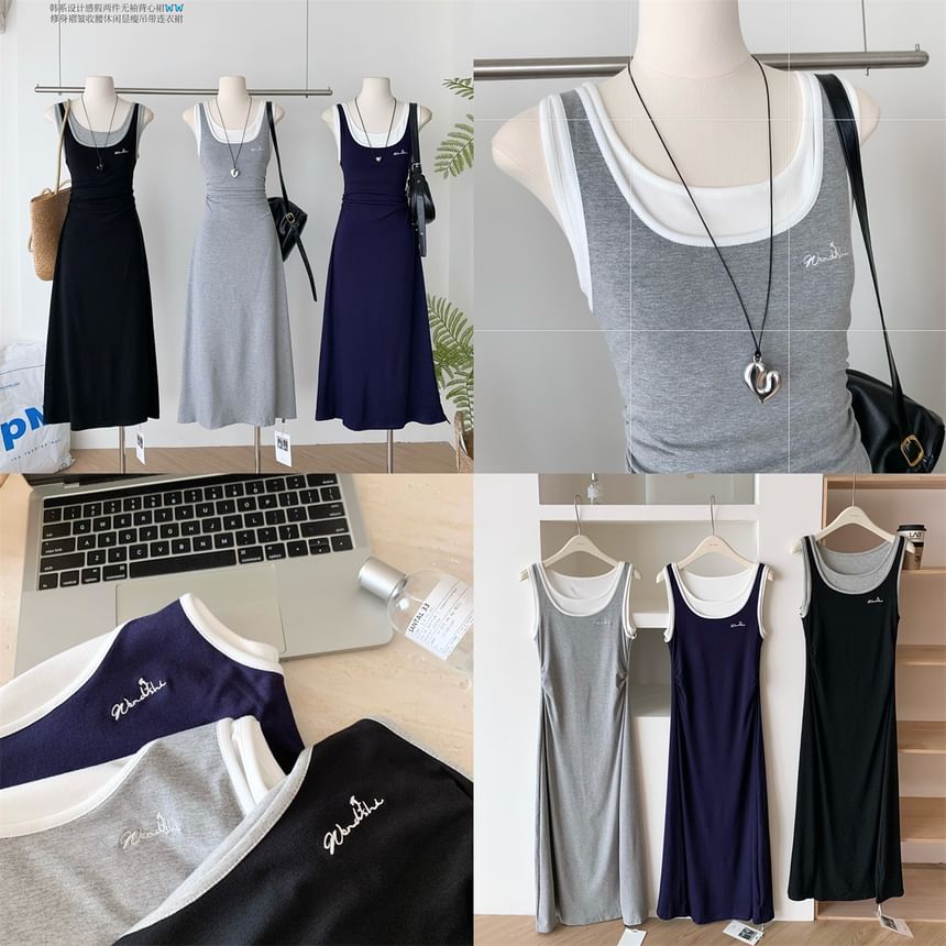 Two-Tone Sleeveless Mock Two-Piece A-Line Maxi Dress