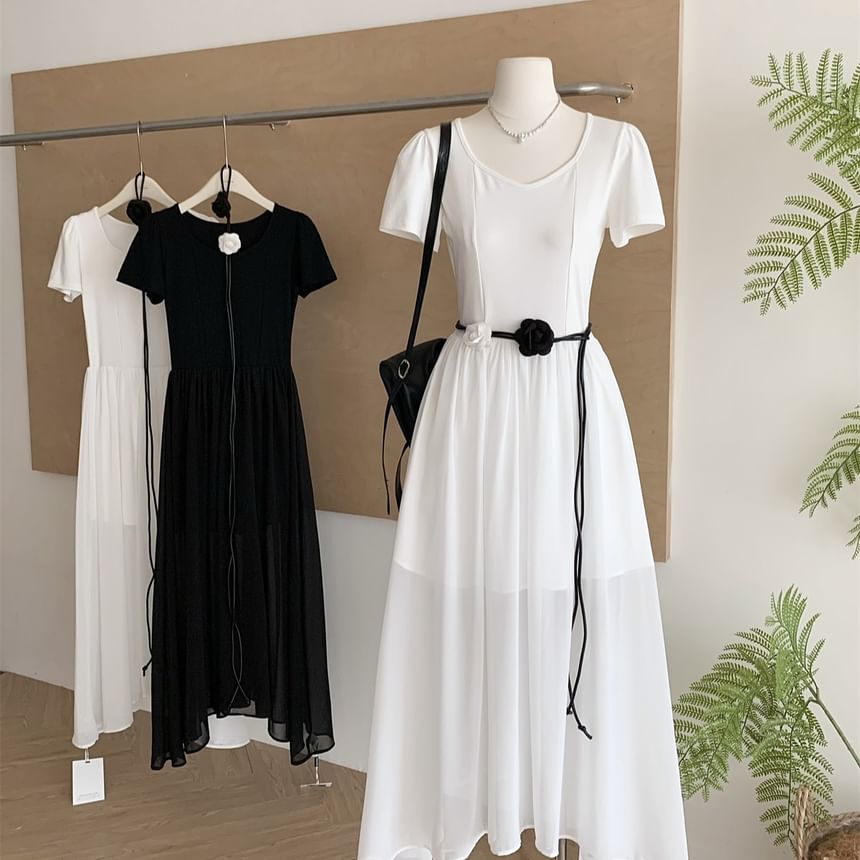 Sheer V-Neck Short-Sleeve A-Line Maxi Dress
