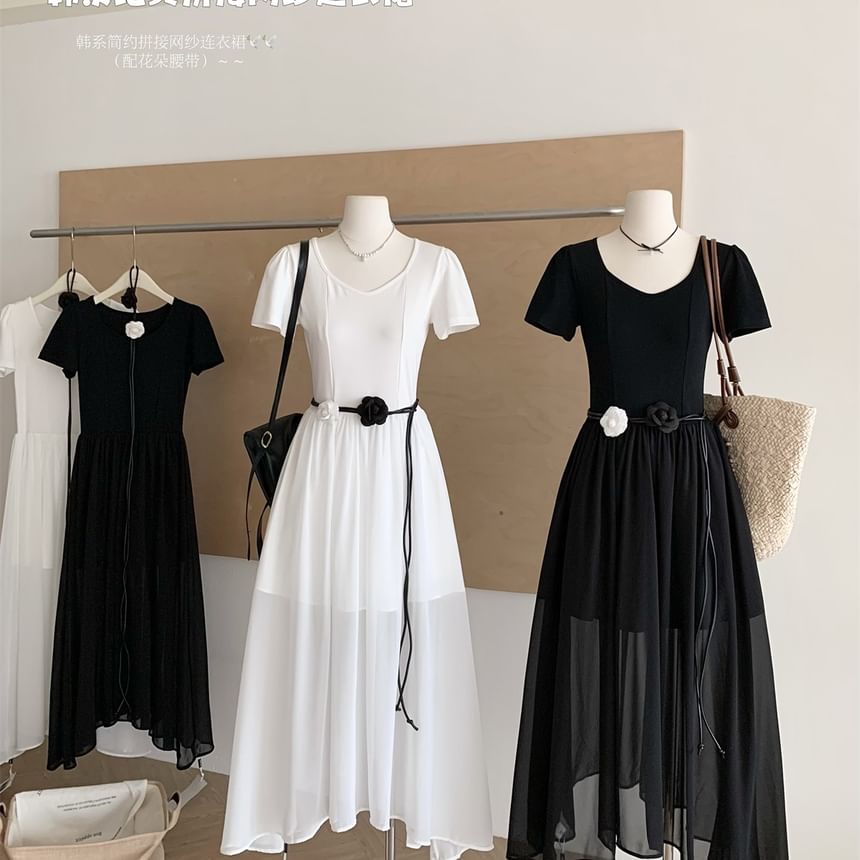 Sheer V-Neck Short-Sleeve A-Line Maxi Dress