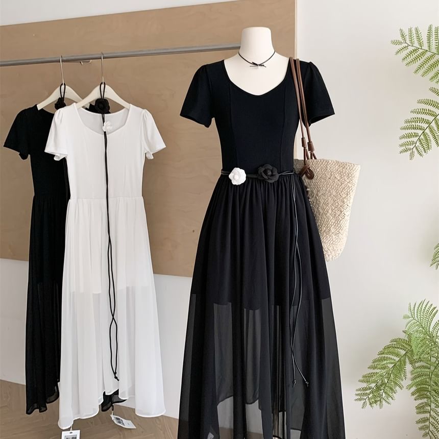 Sheer V-Neck Short-Sleeve A-Line Maxi Dress