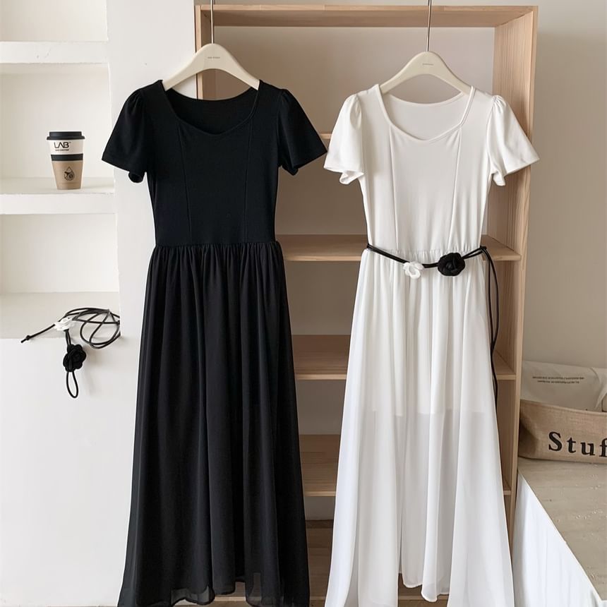 Sheer V-Neck Short-Sleeve A-Line Maxi Dress