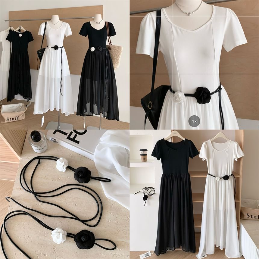 Sheer V-Neck Short-Sleeve A-Line Maxi Dress