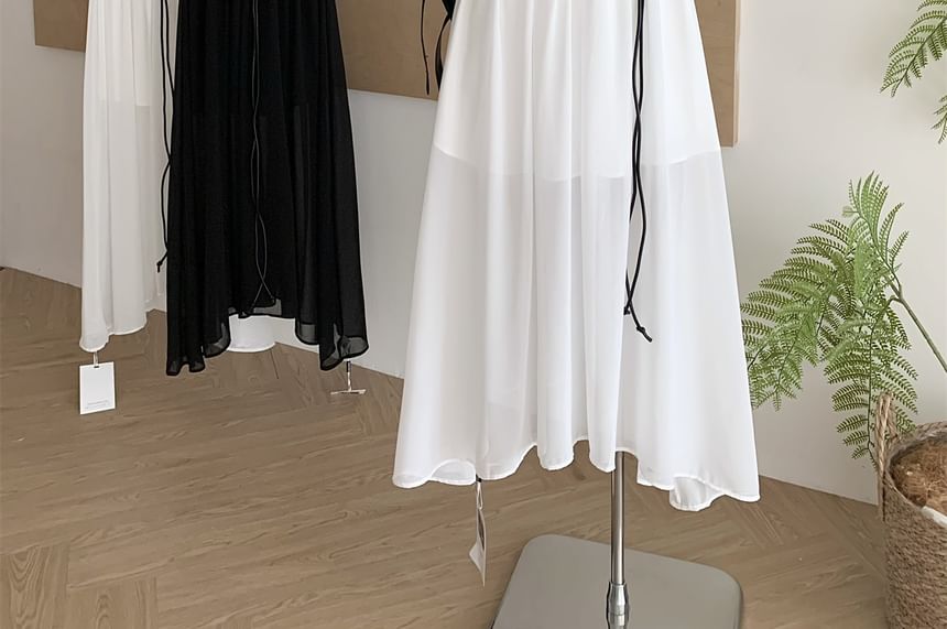 Sheer V-Neck Short-Sleeve A-Line Maxi Dress