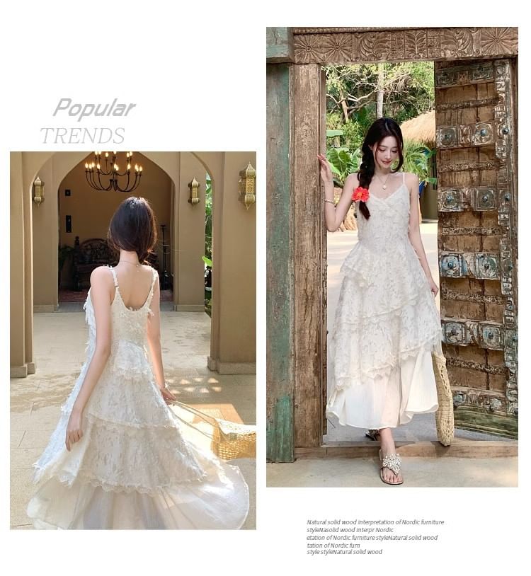 Lace Tiered V-Neck Spaghetti Strap A-Line Maxi Dress