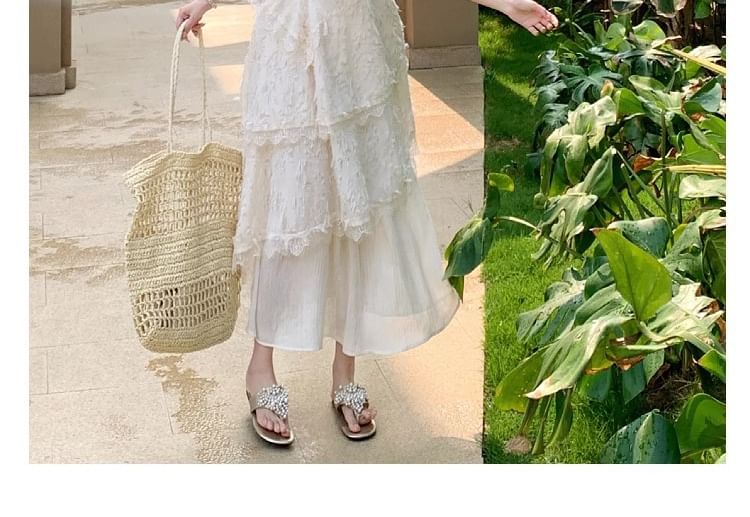Lace Tiered V-Neck Spaghetti Strap A-Line Maxi Dress