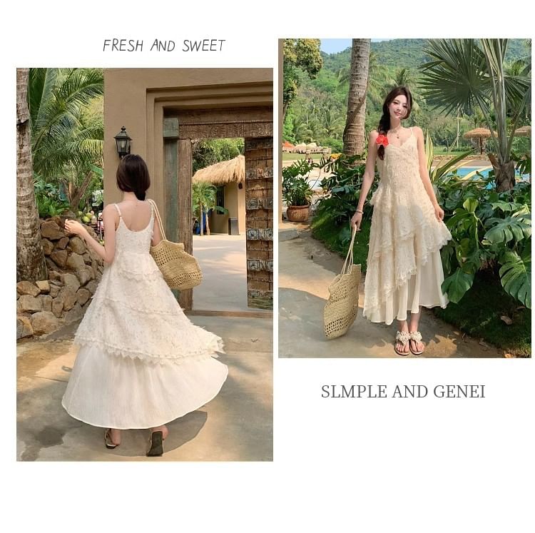 Lace Tiered V-Neck Spaghetti Strap A-Line Maxi Dress