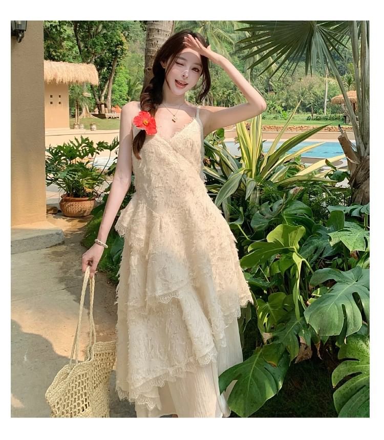Lace Tiered V-Neck Spaghetti Strap A-Line Maxi Dress