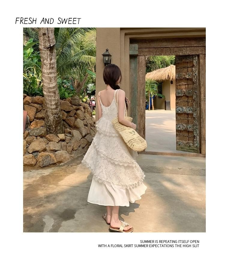 Lace Tiered V-Neck Spaghetti Strap A-Line Maxi Dress