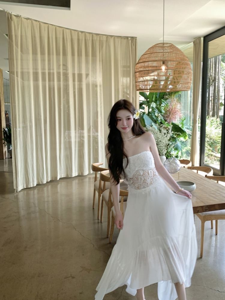 Lace Panel Strapless A-Line Maxi Dress