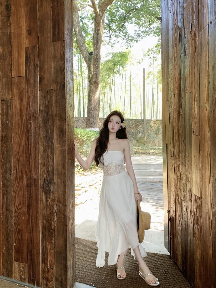 Lace Panel Strapless A-Line Maxi Dress