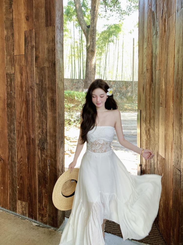 Lace Panel Strapless A-Line Maxi Dress