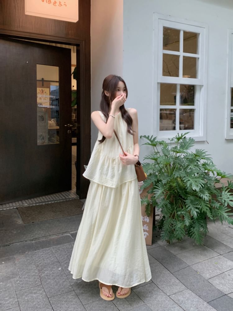 Sleeveless Mock Two-Piece A-Line Maxi Dress