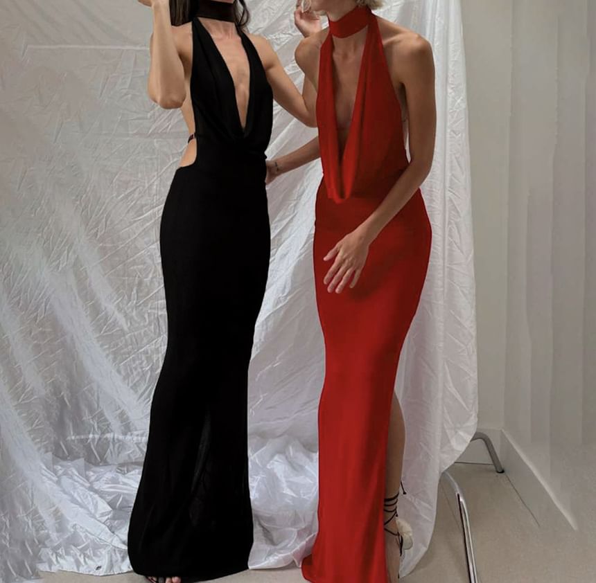 Cowl Neck Halter Open Back Slit Bodycon Maxi Dress