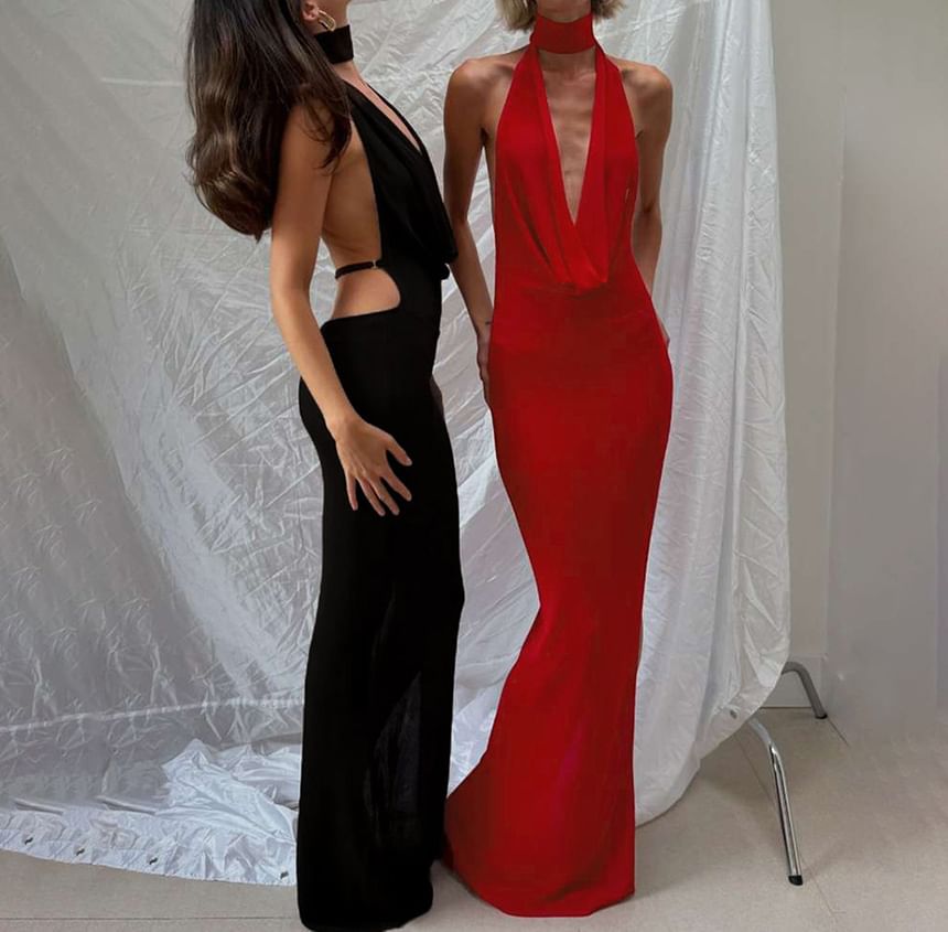Cowl Neck Halter Open Back Slit Bodycon Maxi Dress