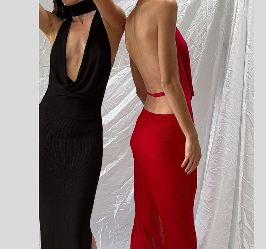 Cowl Neck Halter Open Back Slit Bodycon Maxi Dress