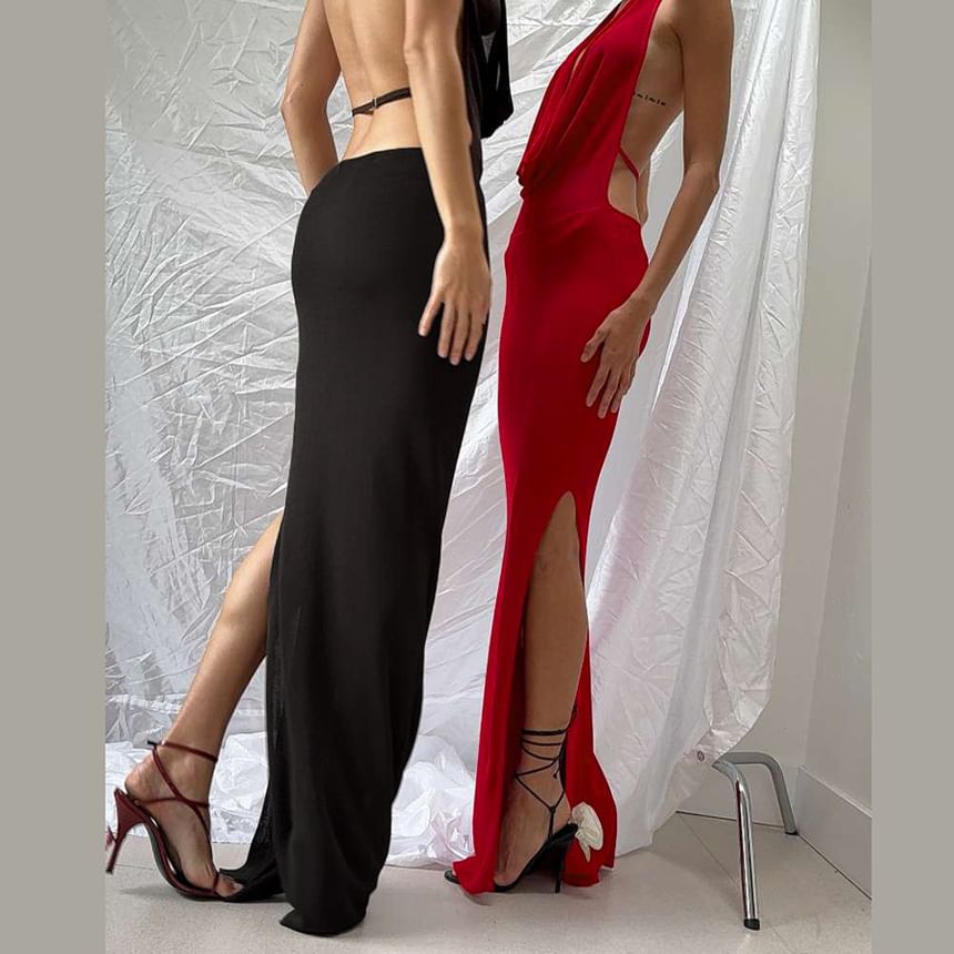 Cowl Neck Halter Open Back Slit Bodycon Maxi Dress