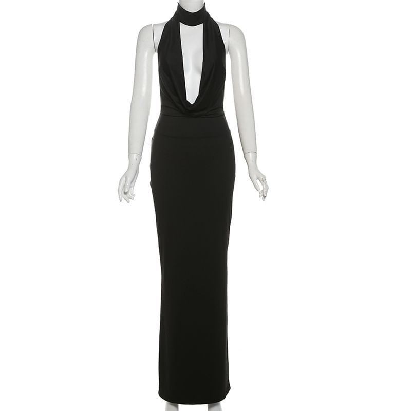 Cowl Neck Halter Open Back Slit Bodycon Maxi Dress