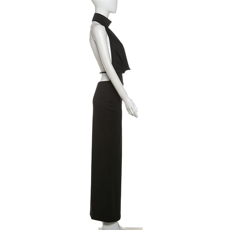 Cowl Neck Halter Open Back Slit Bodycon Maxi Dress