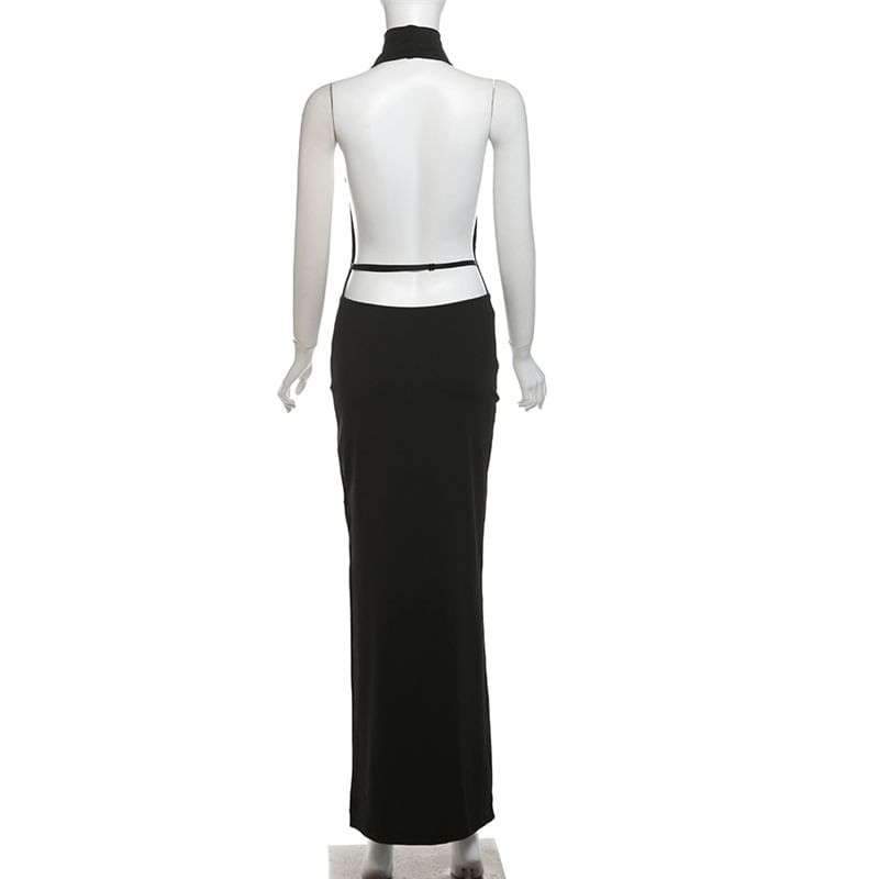 Cowl Neck Halter Open Back Slit Bodycon Maxi Dress