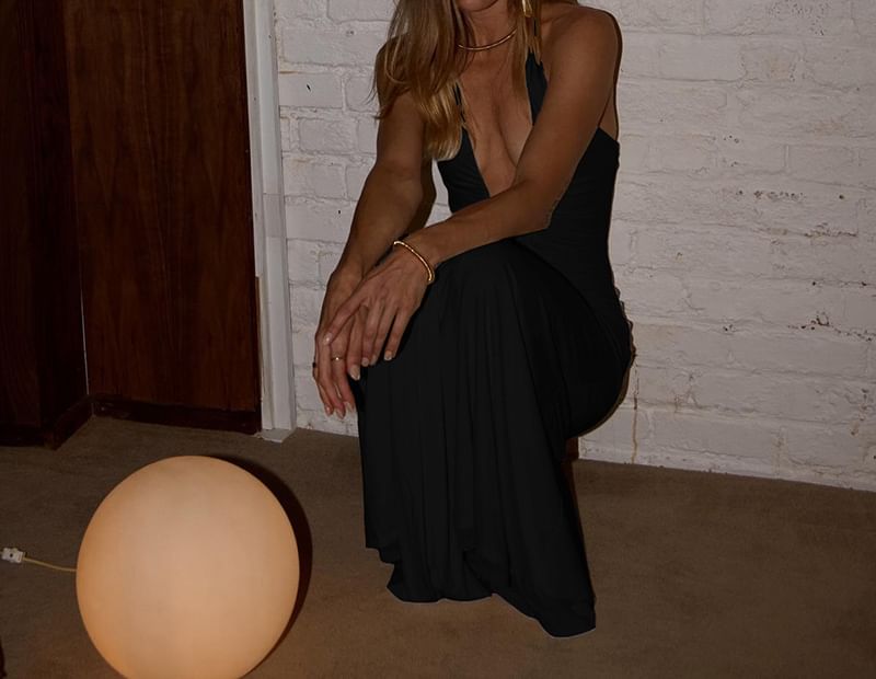 Plunge Halter V-Neck Ruched Open Back A-Line Maxi Dress