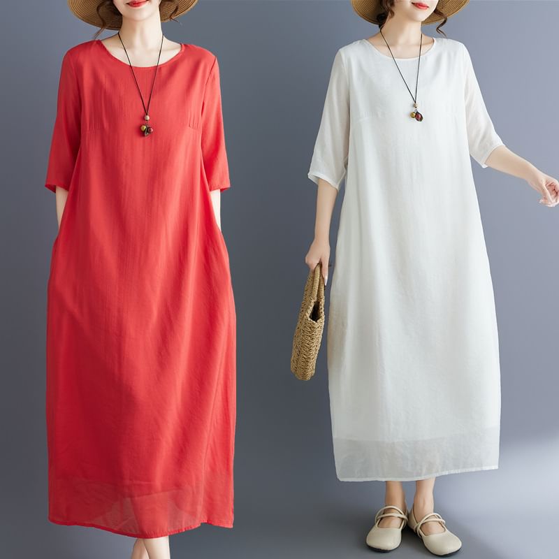 Crewneck Elbow-Sleeve Plain Shift Maxi Dress