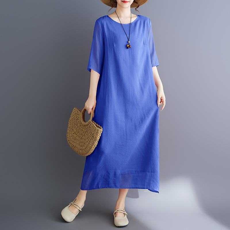 Crewneck Elbow-Sleeve Plain Shift Maxi Dress