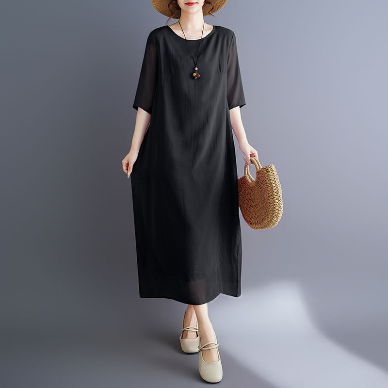 Crewneck Elbow-Sleeve Plain Shift Maxi Dress